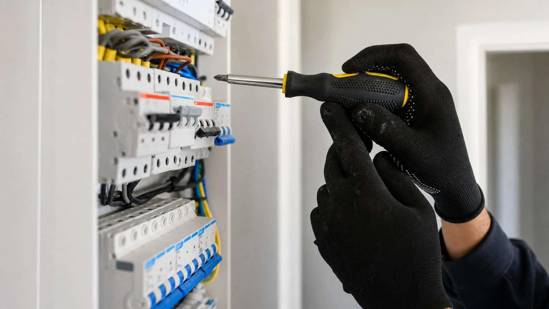 Électricien professionnel travaillant dans un tableau électrique domestique, manipulant des câbles multicolores avec des outils spécialisés