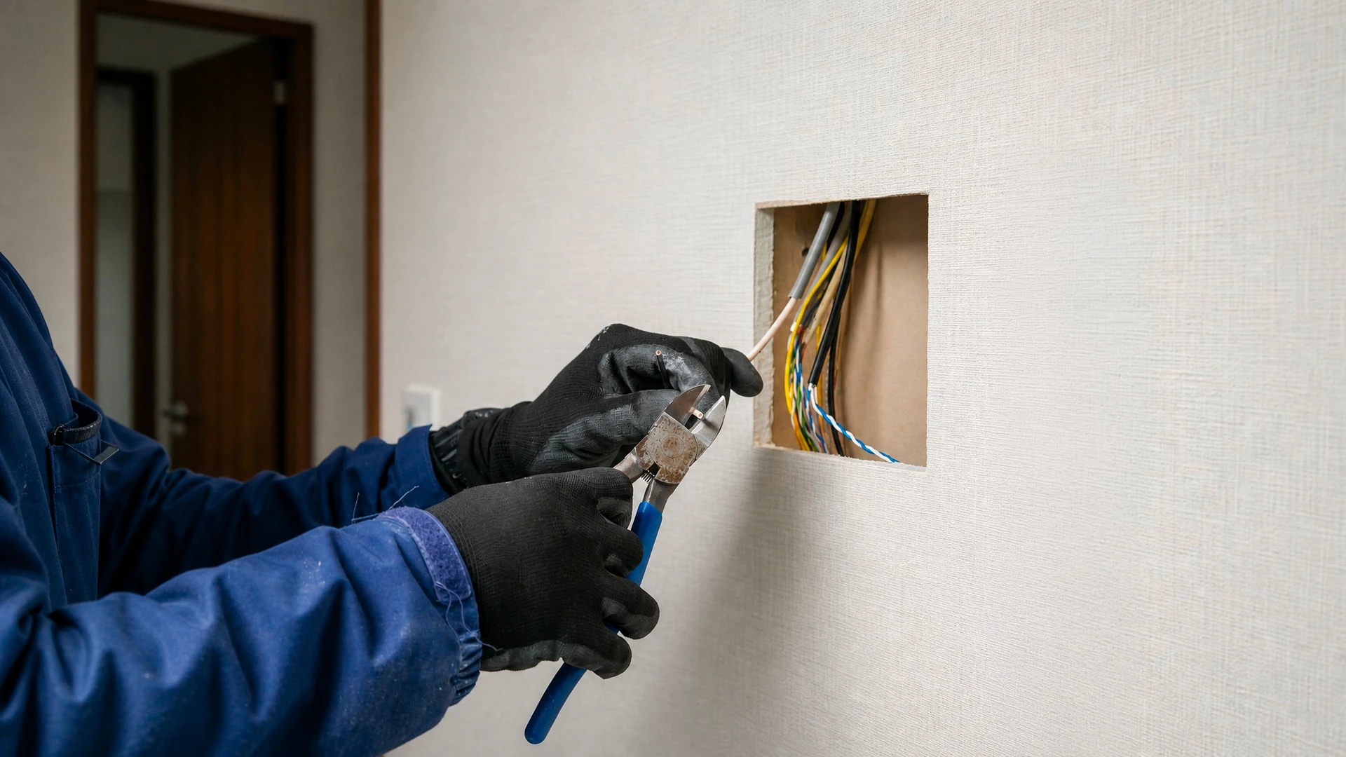 Électricien professionnel en tenue de travail remplaçant un ancien tableau électrique trop petit par un tableau électrique moderne de type vertical avec disjoncteurs modulaires gris et interrupteur différentiel blanc intégré, visible dans un mur préparé d'une maison en rénovation intérieure. Les anciens câblages sont déconnectés, les nouveaux câbles colorés en attente. Le travail montre la modernisation complète d'une installation vétuste.
