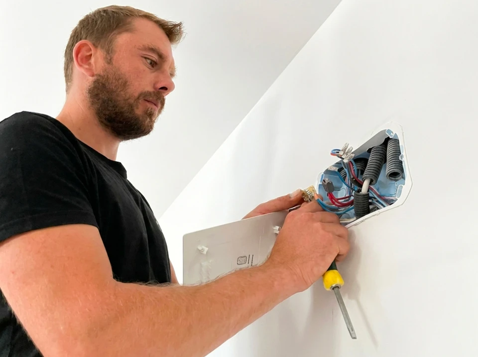 Électricien masculin, barbe courte, installe un luminaire plafonnier sur mur blanc incliné