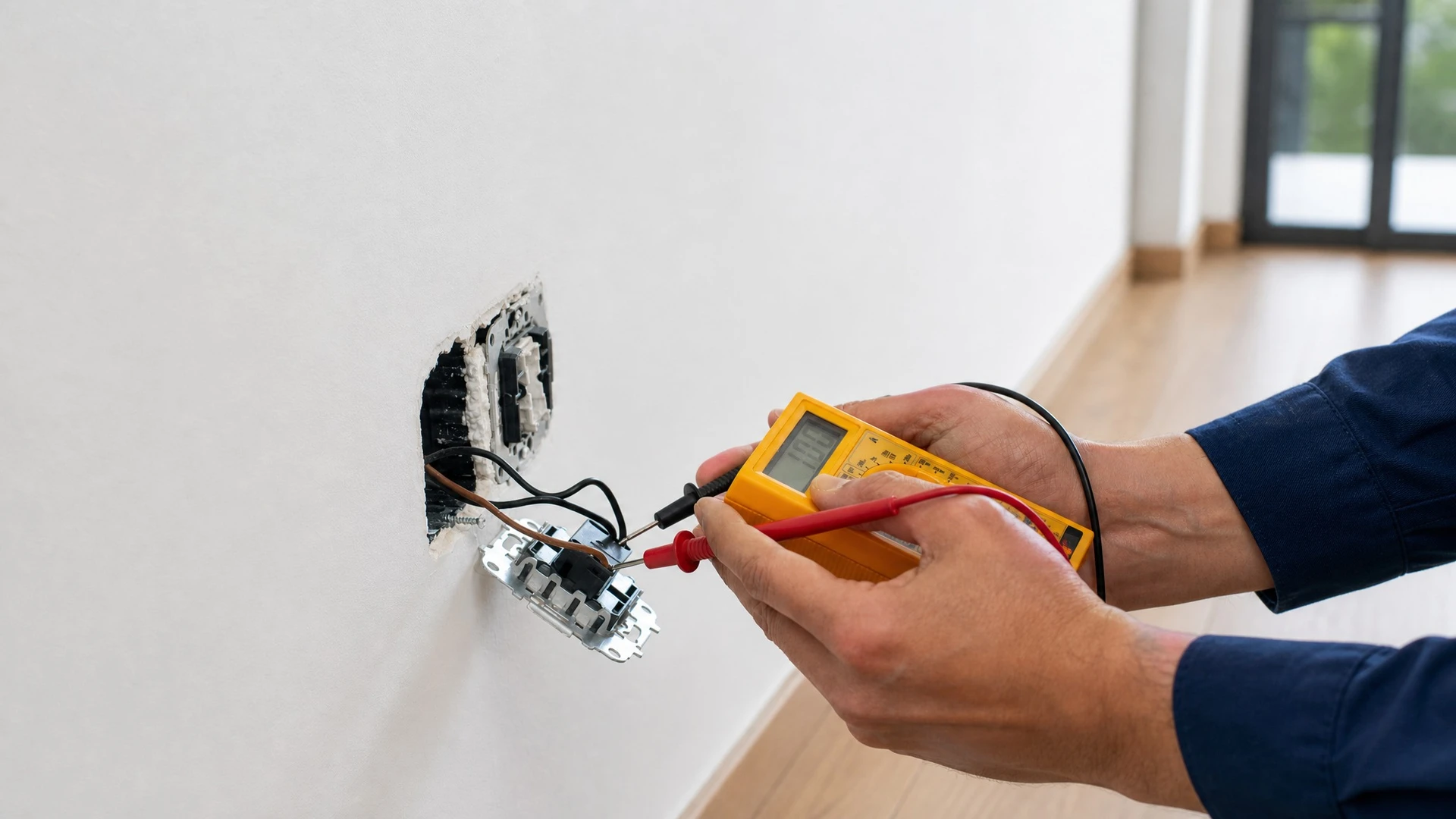 Électricien en tenue de travail bleu installant des disjoncteurs modulaires dans une armoire électrique murale de petite dimension typique d'une habitation, utilisant un tournevis pour serrer les bornes de connexion. L'armature métallique ouverte expose les rangées de disjoncteurs différentiels et les câbles de raccordement en nappe organisés verticalement.