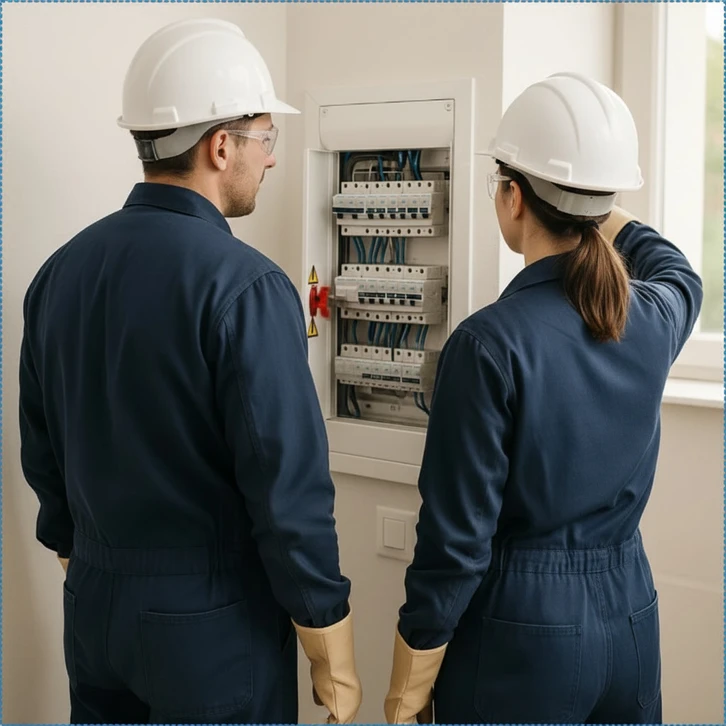 Damien Gigon et son épouse, électriciens, côte à côte devant un tableau électrique ouvert dans une maison. L'homme, de face, examine le tableau. La femme, légèrement sur le côté, pointe une connexion. Ensemble ils vérifient l'installation, montrant leur collaboration et expertise partagée sur un chantier professionnel.