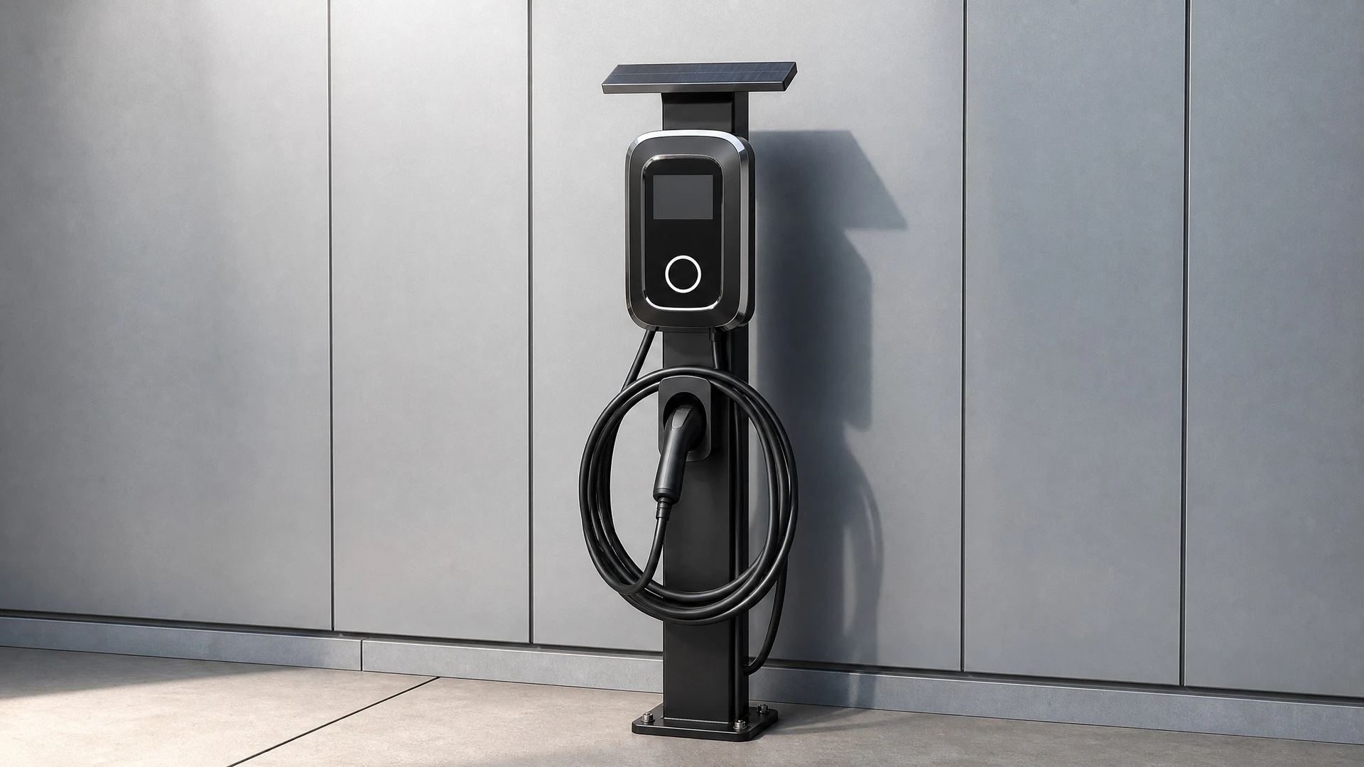 Électricien en tenue de travail de la marque Gigon Elec effectuant le raccordement électrique d'une borne de recharge IRVE murale en aluminium gris fixée sur la façade extérieure d'une maison individuelle. La borne est ouverte révélant les câbles multicolores (rouge, bleu, noir) en cours de branchement sur le boîtier de distribution interne. Le technicien utilise un tournevis pour fixer les connecteurs. Câble noir de recharge enroulé sur le support intégré de la borne.